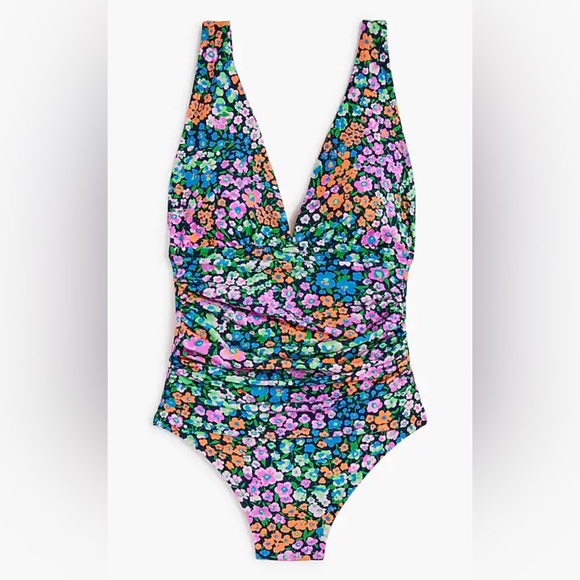 J. Crew Factory V-neck ruched one-piece swimsuit Size Small Antique Navy Floral - Picture 3 of 13